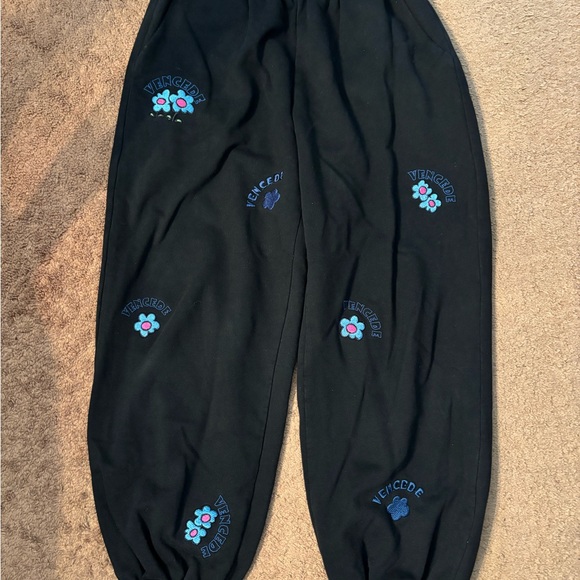 Other - Mens Black Joggers with Embroidered Blue Accents and Flowers comfortable casual